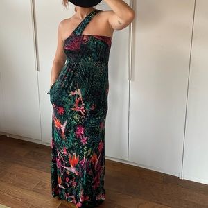 SOMA asymmetric one shoulder tropical jersey maxi dress with POCKETS